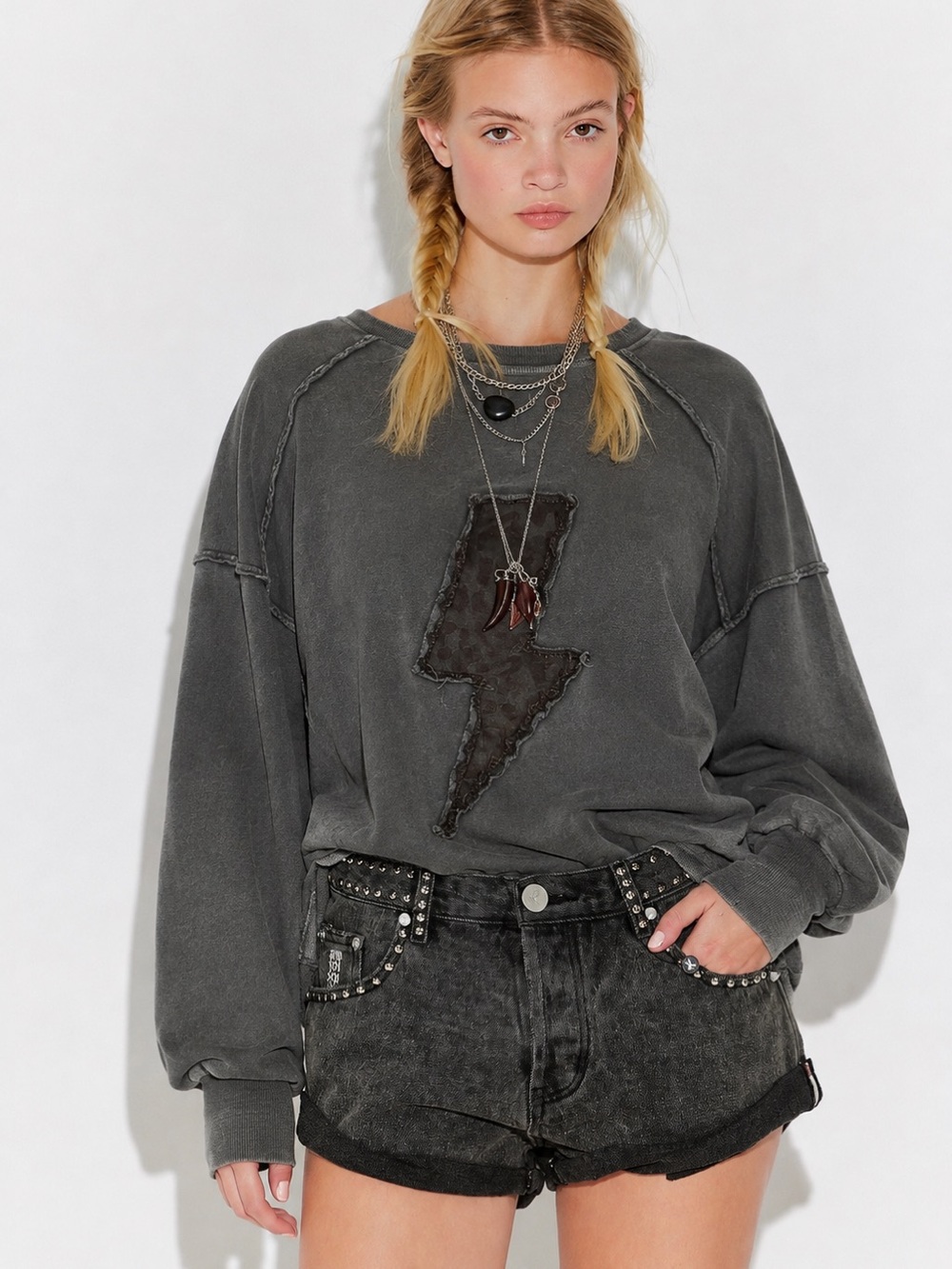 easel Washed Charcoal Lightning Bolt Sweatshirt - Charcoal